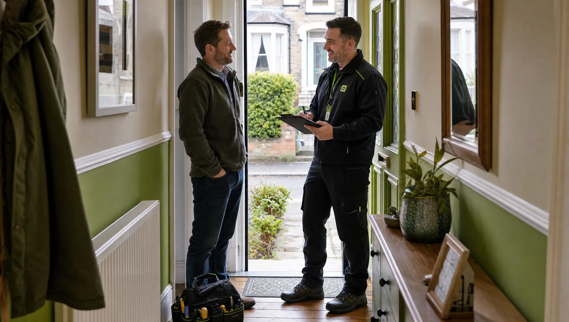 A British homeowner standing in the hallway of a modest terraced house speaking with a tradesperson holding a clipboard, with a tool bag by the front door and natural daylight coming from outside.