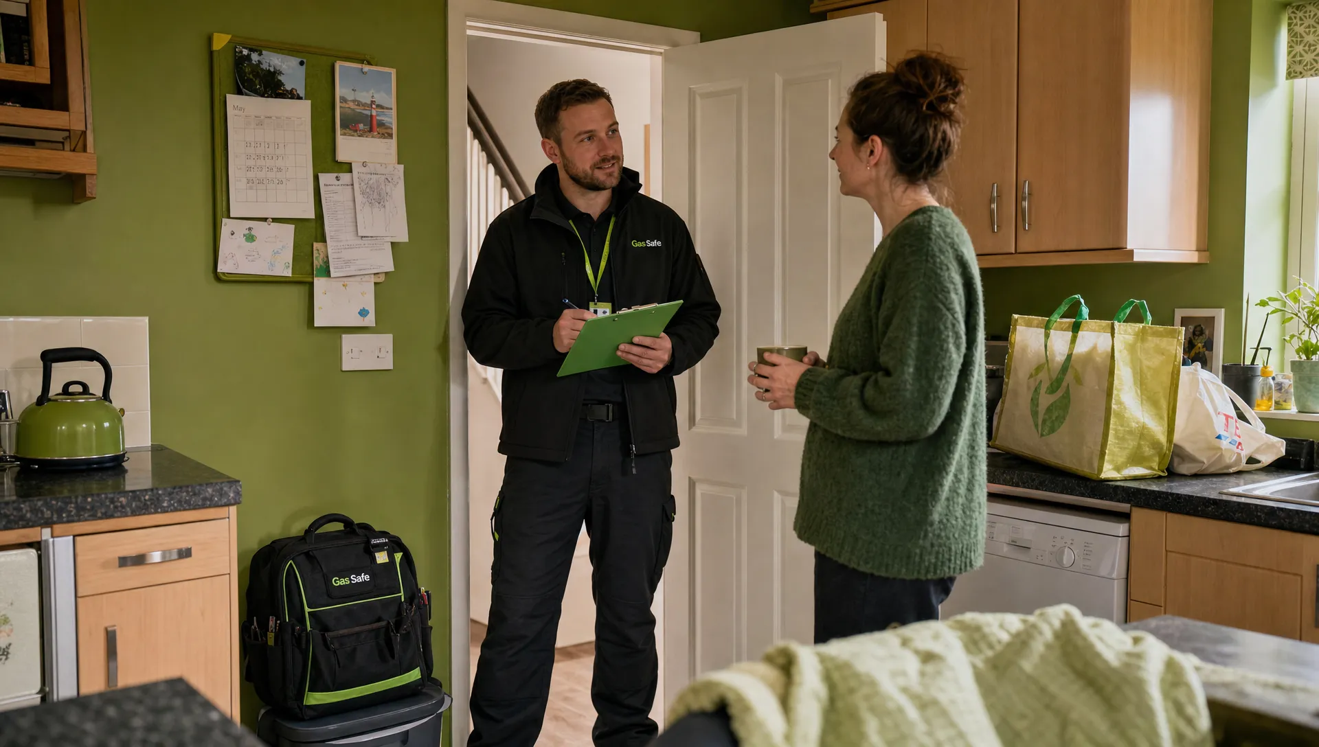 A Gas Safe heating engineer stands in the kitchen doorway of a modest UK home, talking with a homeowner and holding a clipboard while a tool bag rests by the wall. The room feels lived-in, with a kettle, shopping bags and everyday clutter visible, and no close-up technical details.