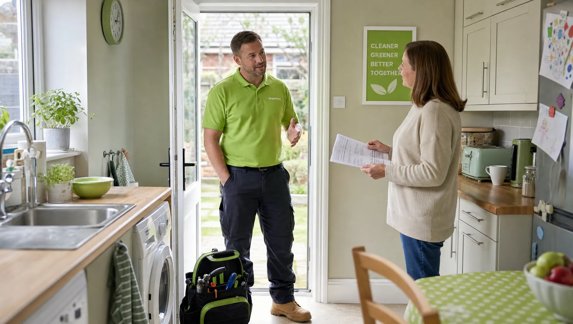 A plumber in work clothes stands in the doorway of a typical British kitchen with a tool bag on the floor, talking to a homeowner holding paperwork. The room has ordinary household clutter and natural daylight, with no close-up view of pipes or fittings.
