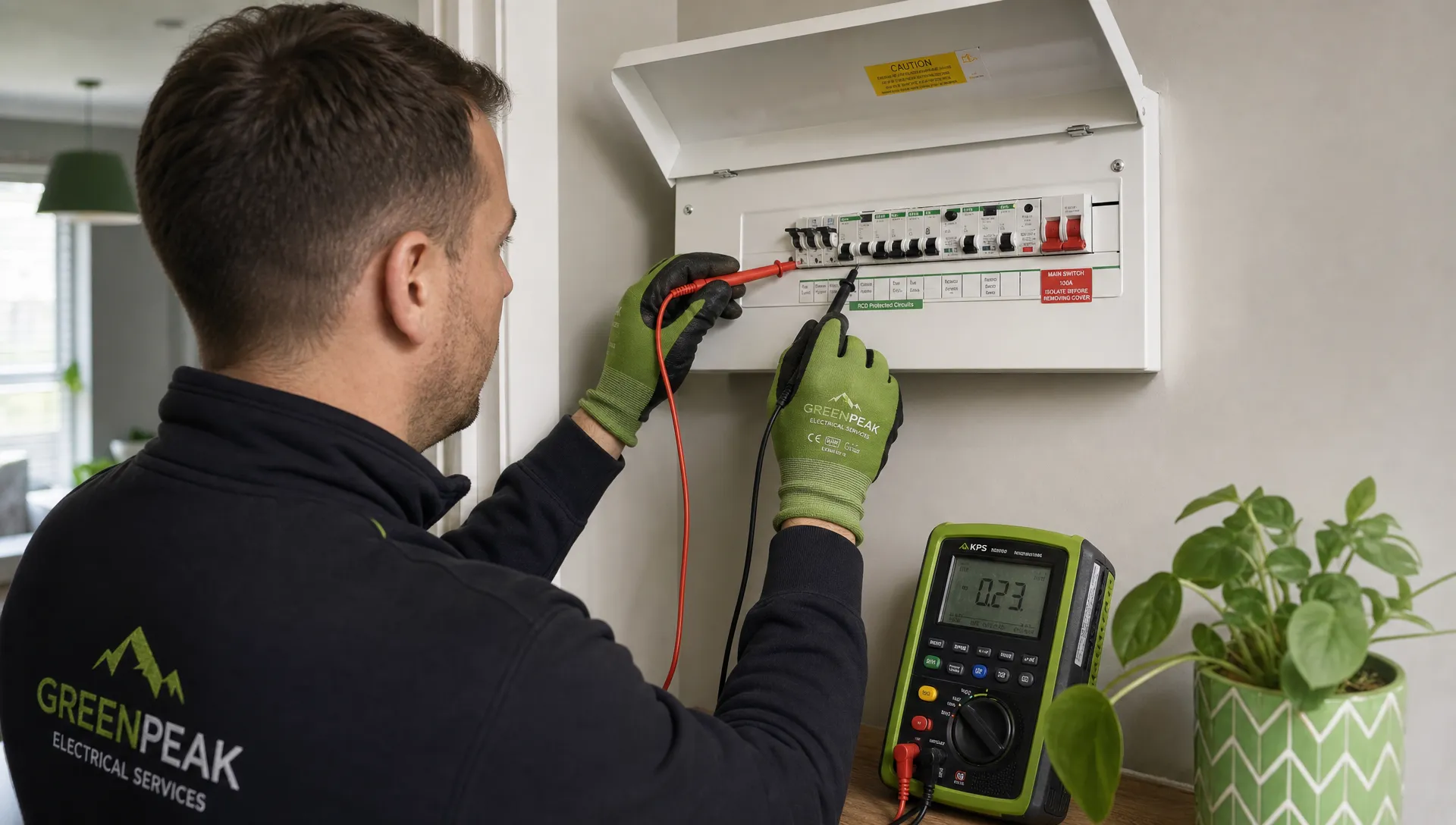 A qualified electrician testing a consumer unit inside a Manchester home, with the fuse board cover open and test equipment beside it.