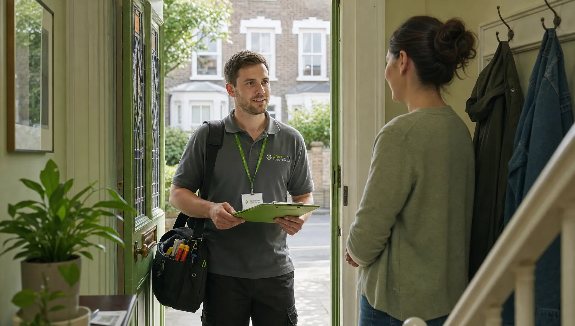 A qualified electrician with a tool bag and clipboard standing in the hallway of a lived-in London terraced house, speaking with a homeowner near the front door in natural daylight.