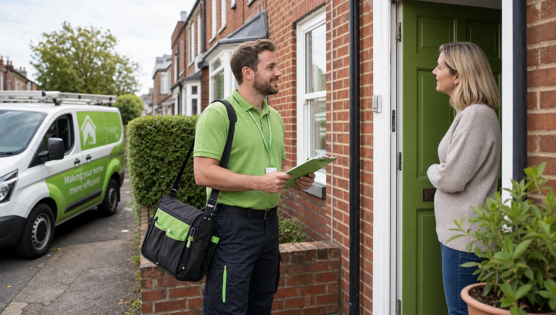 A tradesperson with a tool bag and clipboard speaking with a homeowner at the front door of a brick terraced house, with a small UK-style van parked on the street and an ordinary residential setting in natural daylight.