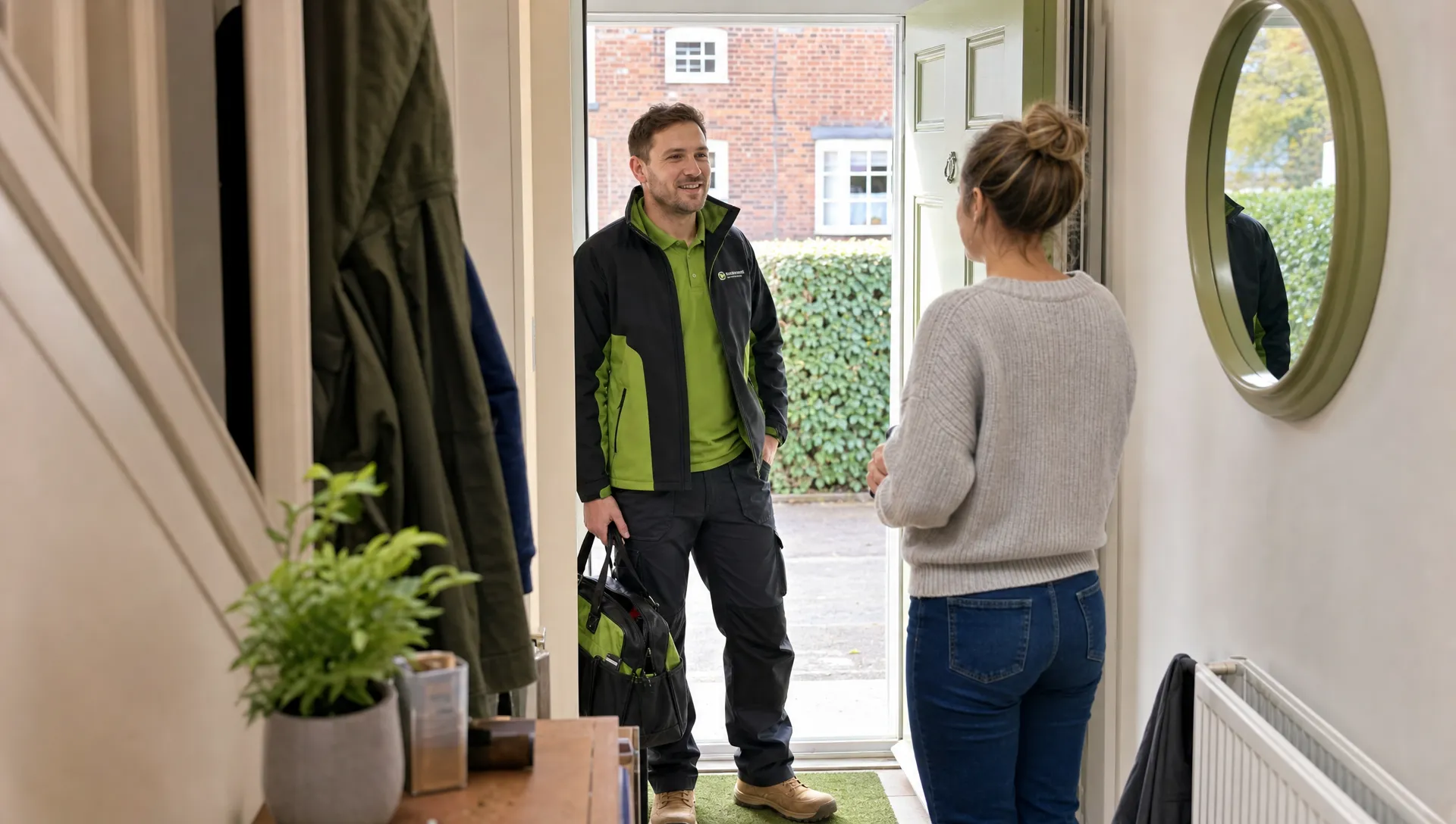 A tradesperson with a tool bag standing in the doorway of a modest UK hallway while speaking with a homeowner, with natural daylight, ordinary household clutter and no close-up view of technical equipment.