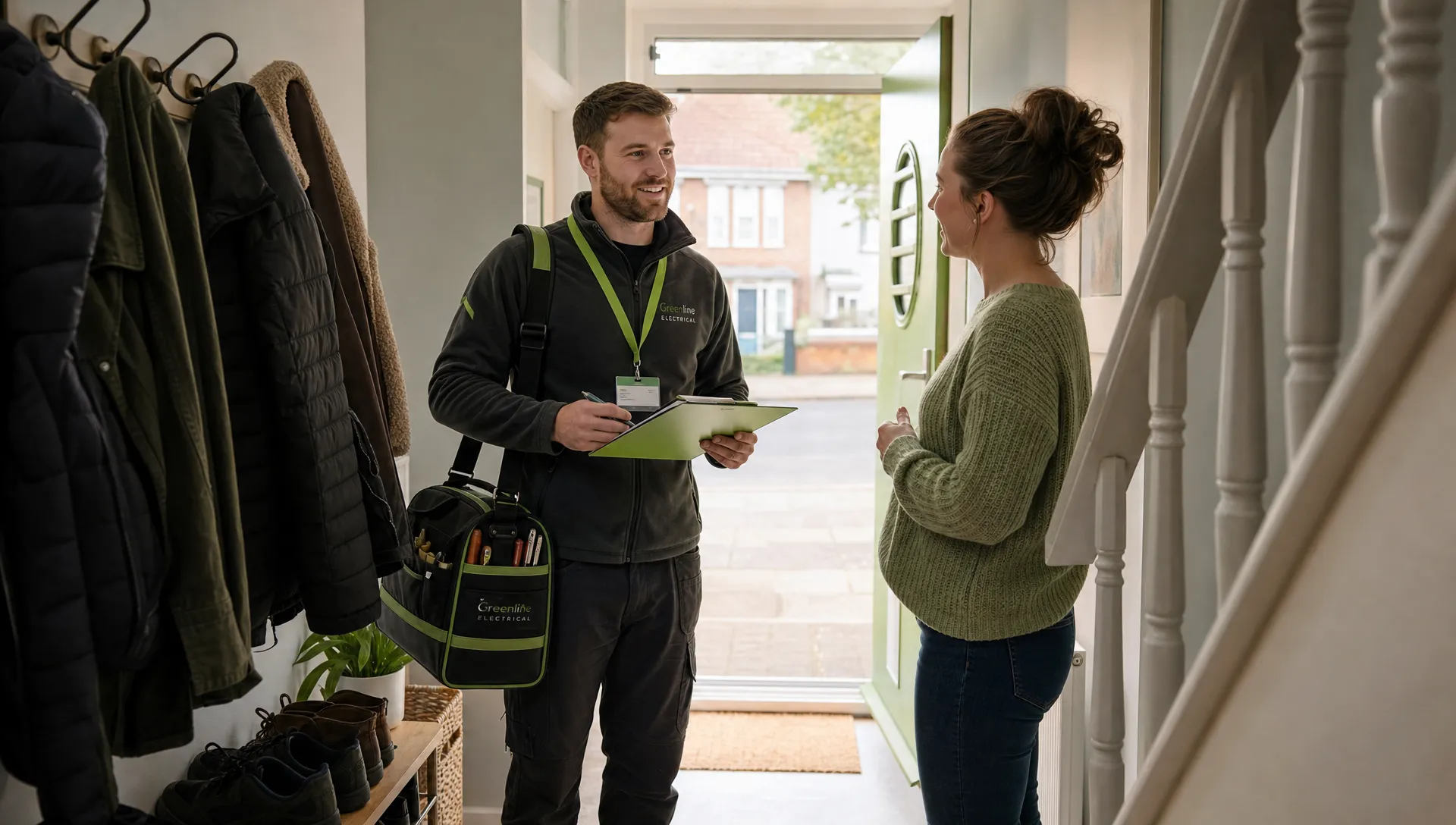 A UK electrician with a tool bag and clipboard speaking with a homeowner in the hallway of a modest terraced house, with coats, shoes and a staircase visible nearby and daylight coming in from the front door.