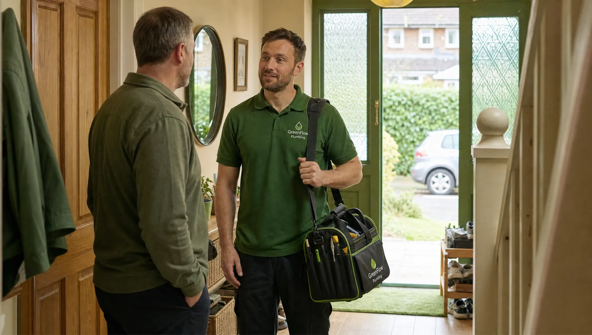 A UK plumber with a tool bag standing in a modest hallway talking to a homeowner, with natural daylight, ordinary home clutter and no close-up view of pipework or technical details.