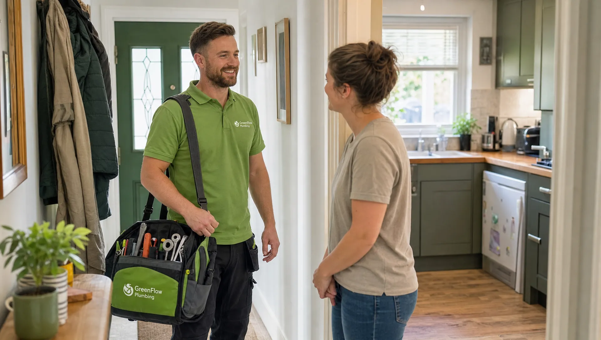 A UK plumber with a tool bag standing in an ordinary home hallway, speaking with a homeowner near the kitchen doorway, with natural daylight, everyday household clutter and no close-up view of pipework or tap parts.
