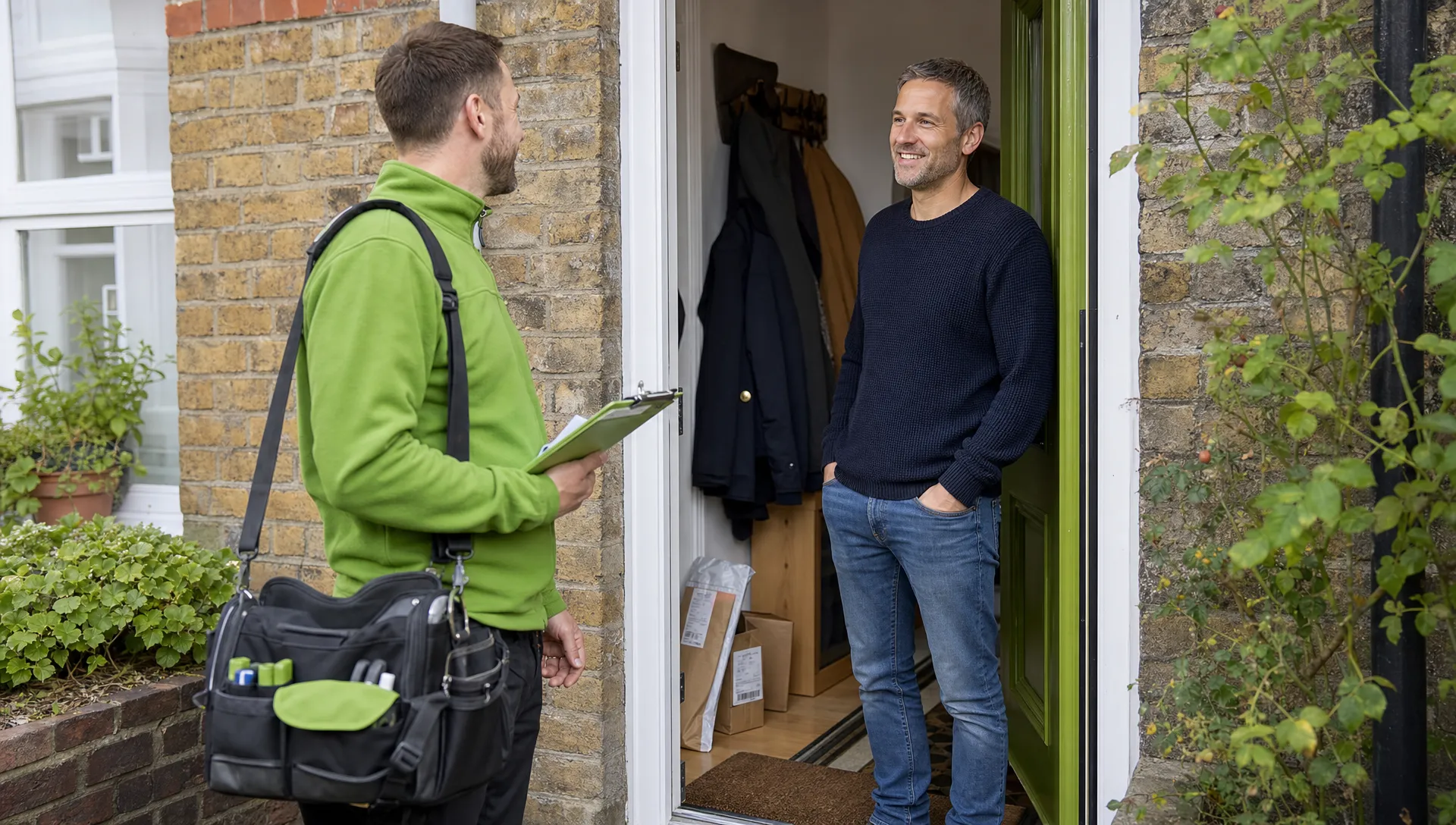 A UK tradesperson with a tool bag and clipboard talks with a homeowner at the open front door of a modest terraced house, with a small pile of post, a doormat and coats visible in the hallway. The scene feels everyday and local, with natural daylight and a slightly off-centre working-height composition, and no close-up technical details.