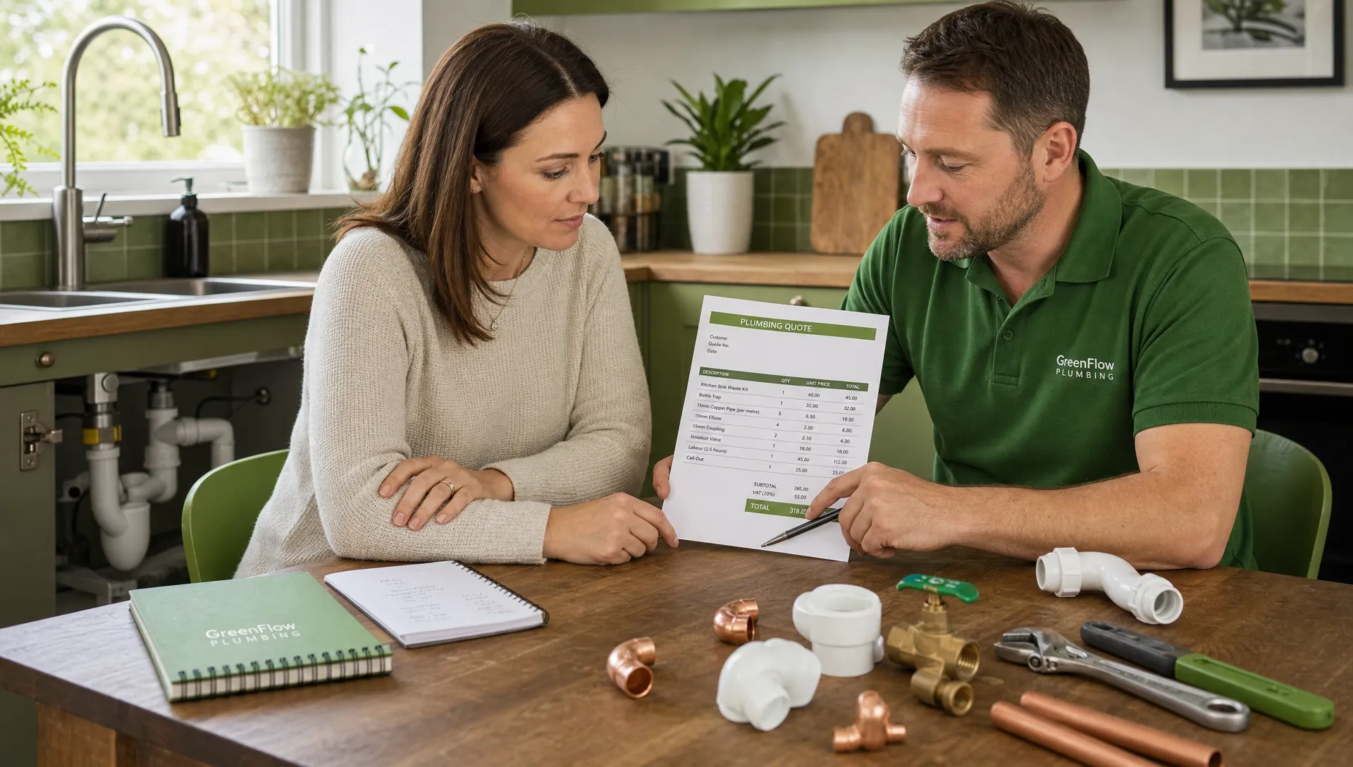 A homeowner and plumber reviewing an itemised plumbing quote at a kitchen table, with a visible sink pipe, notebook, tools and a neat sample of pipe fittings laid out for discussion.