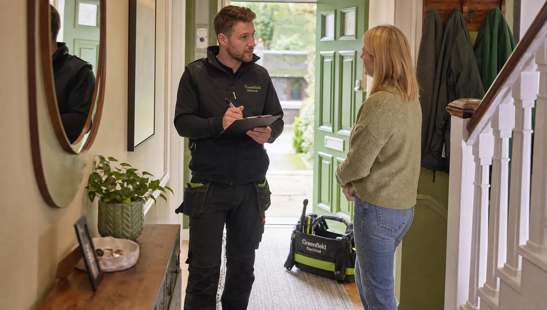A UK electrician wearing practical work clothing stands in a slightly cluttered hallway with a homeowner, talking while writing notes on a clipboard and keeping a tool bag by the door.