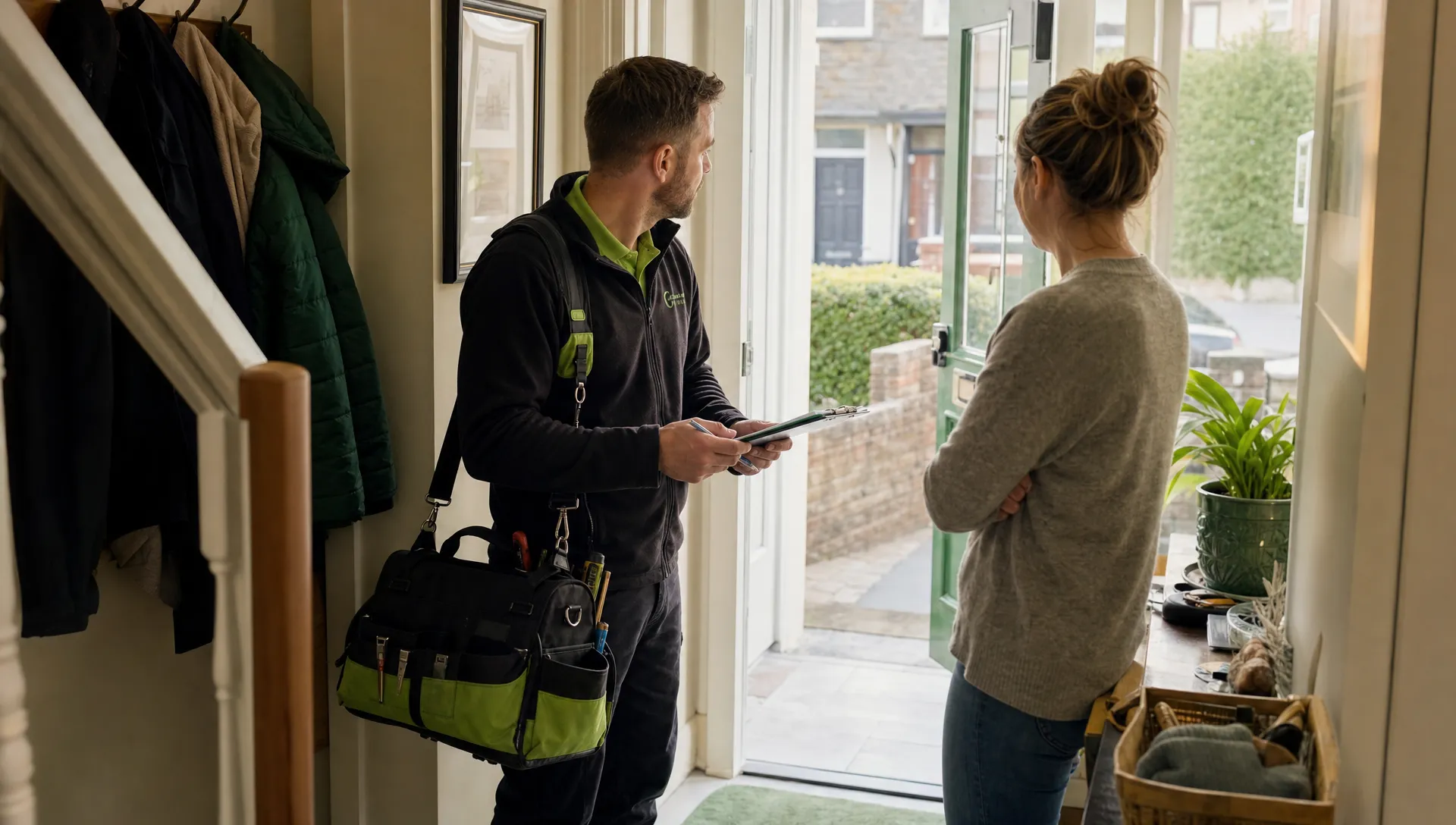 A UK tradesperson with a tool bag standing just inside the hallway of a terraced home, talking with a homeowner and holding a clipboard while looking toward the front door. Coats hang nearby, there is everyday clutter by the entrance, and the scene feels natural and practical in soft daylight.