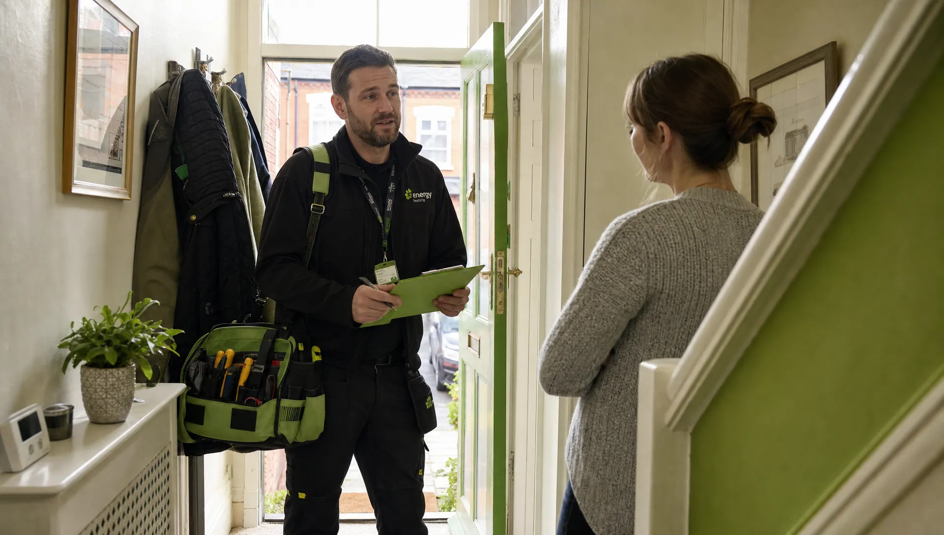 A UK heating engineer with a tool bag standing in the hallway of a modest Birmingham terraced house, speaking with a homeowner while holding a clipboard. The home looks lived-in and naturally lit, with coats by the door and ordinary household details.