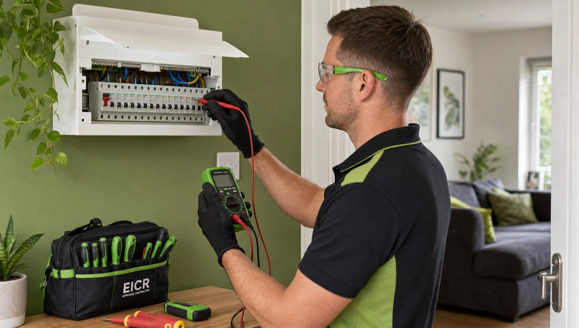 A qualified electrician testing a consumer unit inside a UK home, with tools neatly arranged nearby and the work area kept safe and tidy.