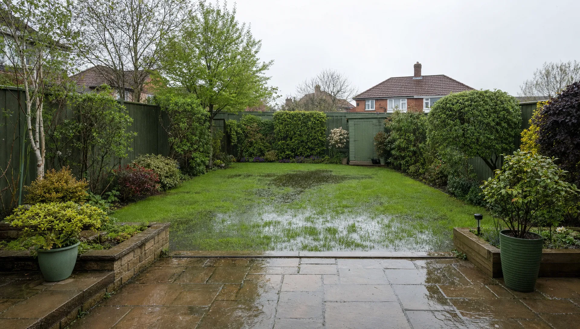 A British back garden has standing water on the lawn and wet paving after heavy rain.