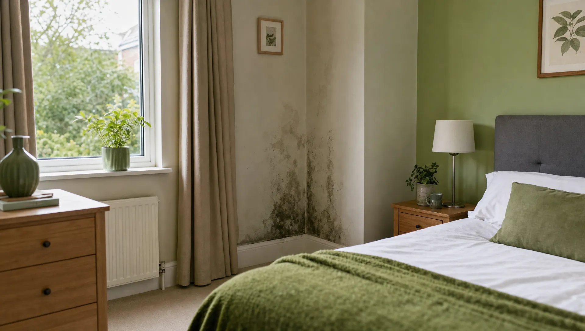 A British bedroom with a visible damp patch on the painted wall near the corner, furniture pulled slightly away from the wall, and natural daylight coming through a window.