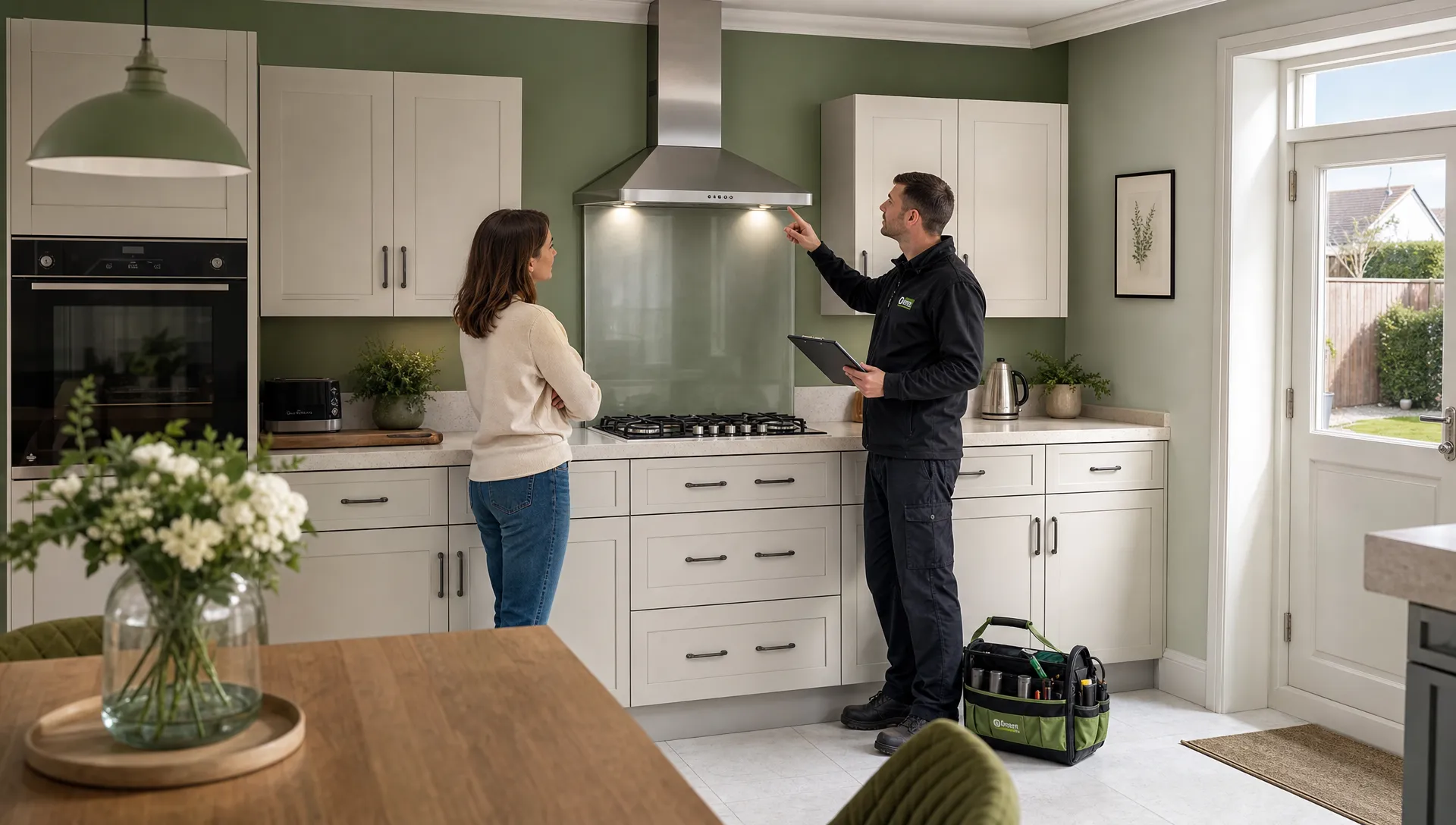 A British kitchen with an extractor hood above the hob, viewed from across the room. A homeowner stands nearby while a tradesperson with a tool bag and clipboard inspects the area from a normal working distance.