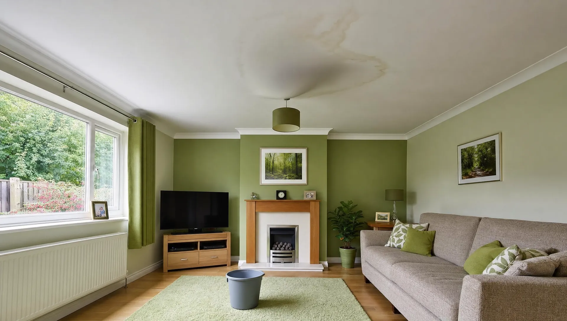 A British living room with a bulging plasterboard ceiling, faint water stain and a bucket nearby while furniture has been moved back.