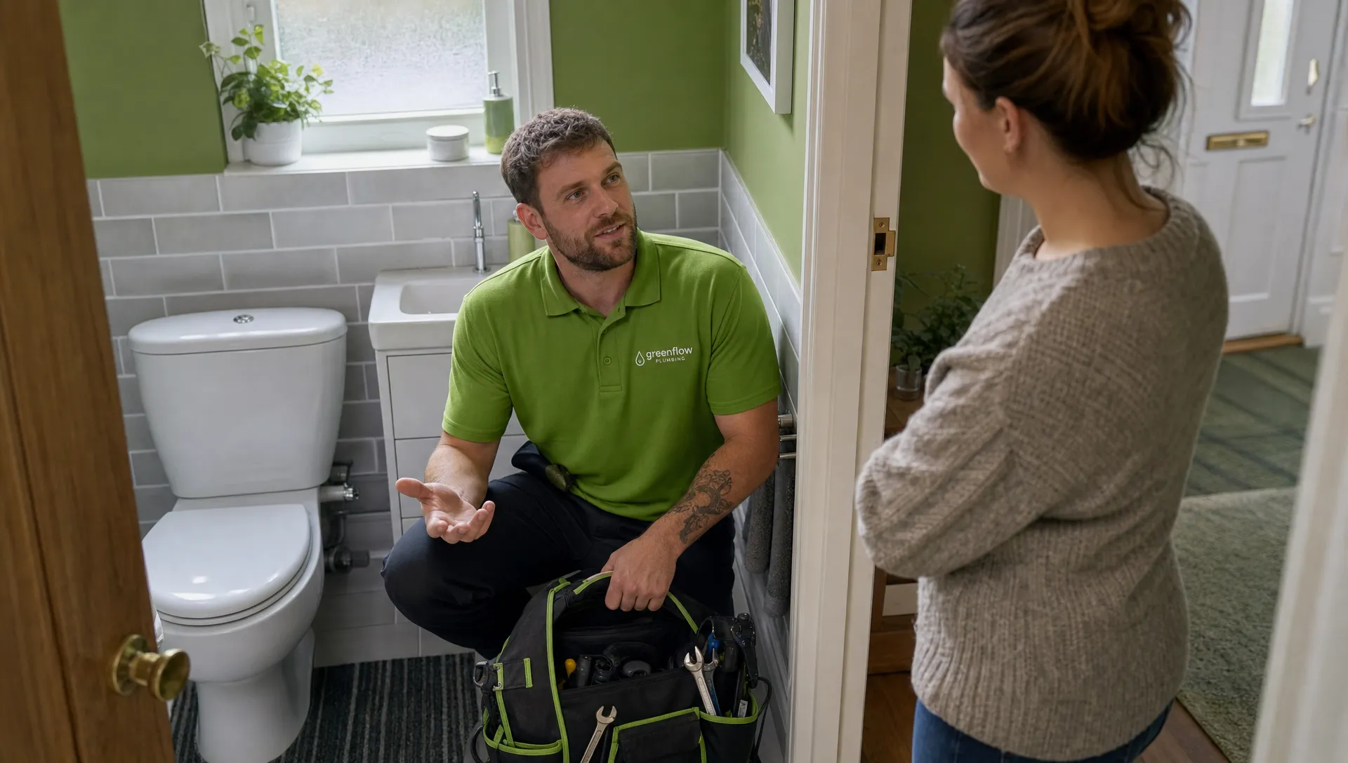 A plumber with a tool bag stands in a lived-in UK bathroom beside a toilet, talking calmly with a homeowner at the doorway.