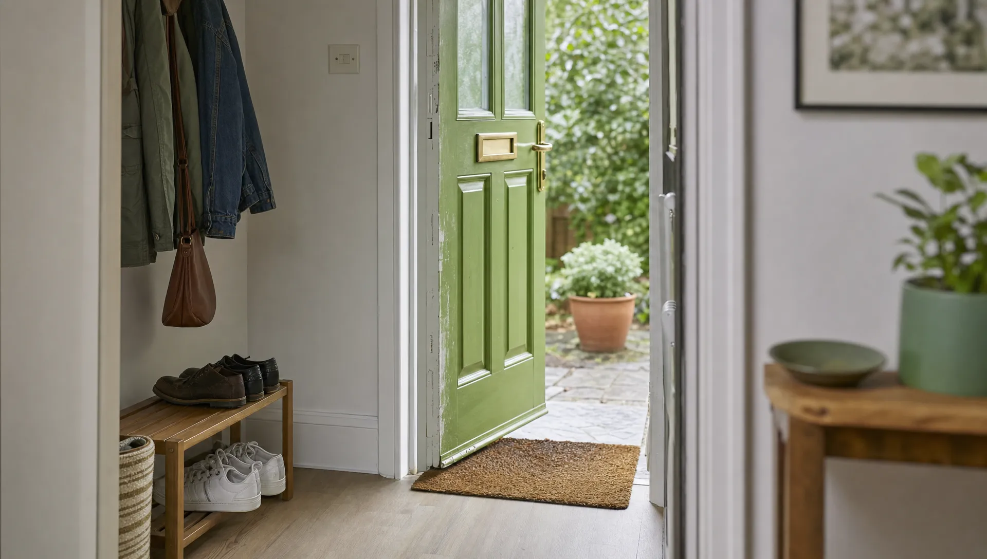 A realistic UK hallway with a painted timber front door slightly ajar, showing light scuff marks near the door edge and threshold. The scene is viewed from a normal standing distance with natural daylight and ordinary household items near the entrance.