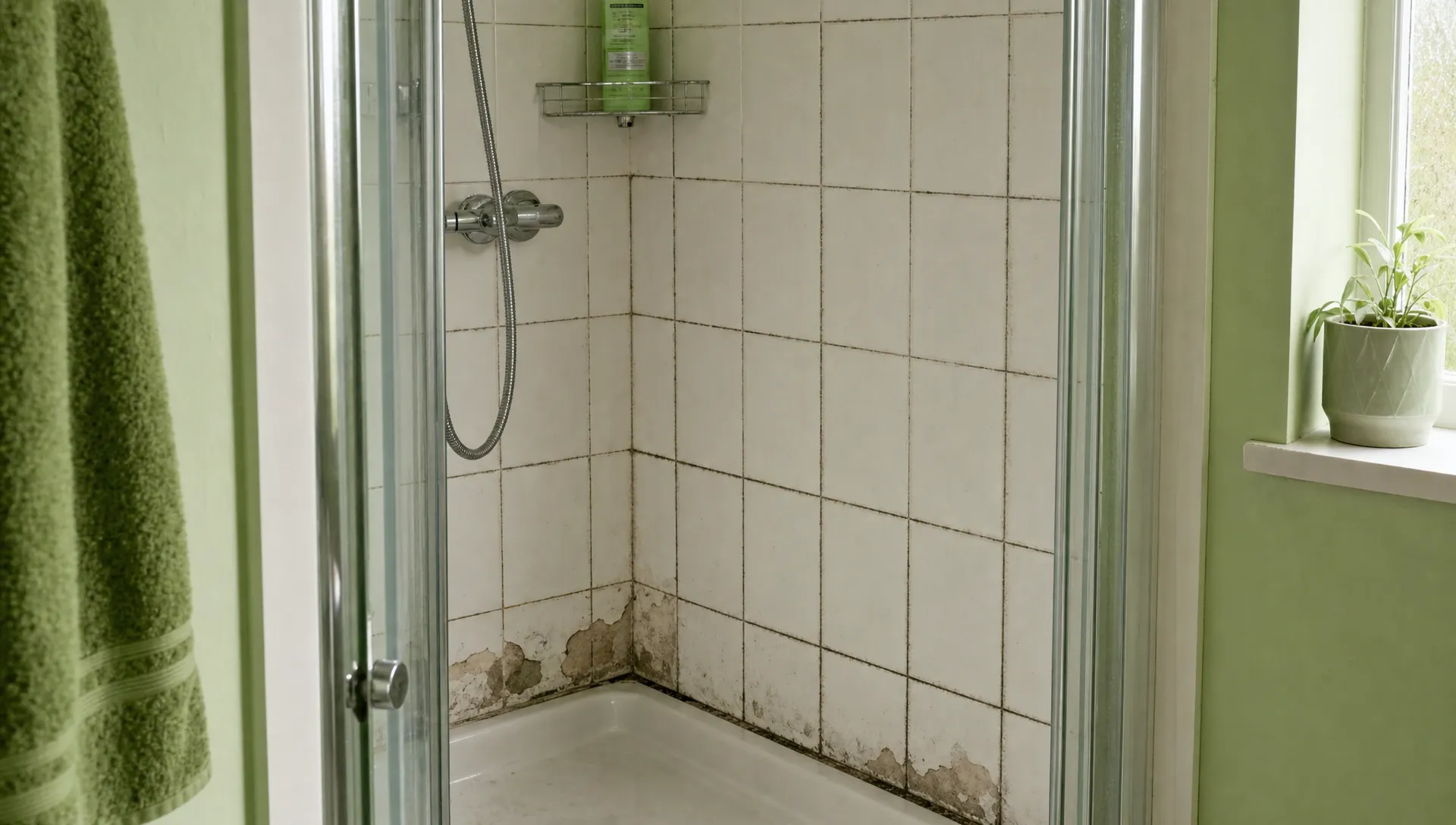 A shower in a modest British bathroom has darkened grout lines and a few crumbling patches near the lower wall.