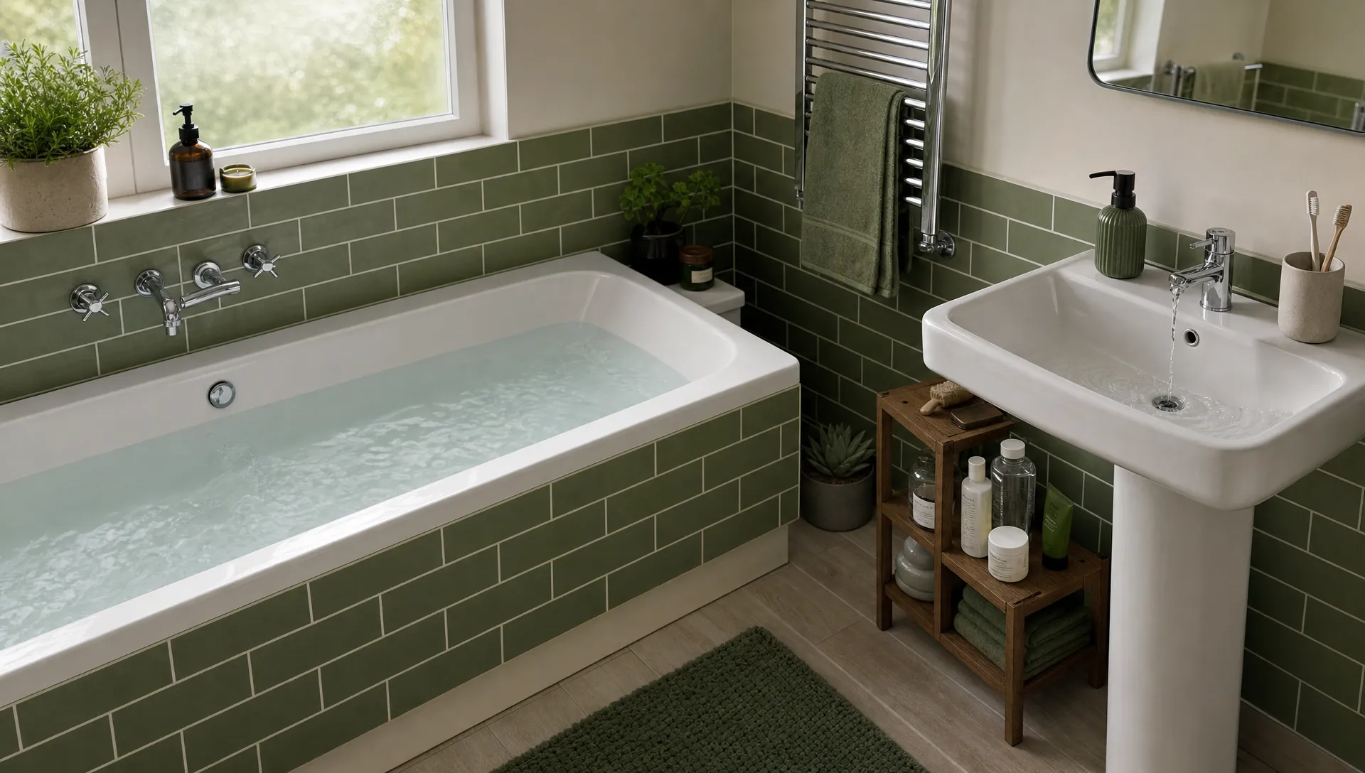 A UK bathroom with a bath that is holding water and a basin that is draining slowly, with everyday toiletries on the side.