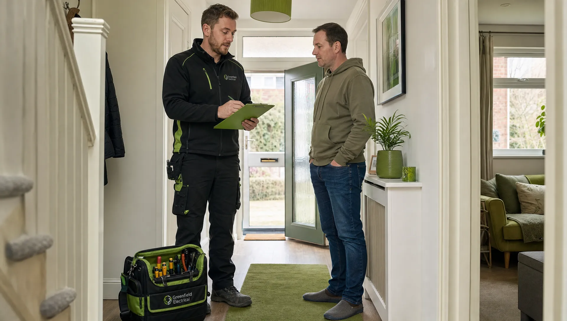 A UK electrician standing in an ordinary hallway with a tool bag on the floor, speaking with a homeowner and checking notes on a clipboard. The setting is a lived-in British home with natural light, no close-up view of wiring or electrical parts.
