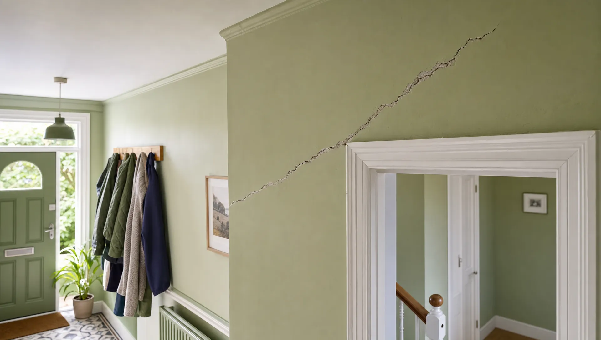 A UK hallway shows a diagonal plaster crack above an internal door frame, with coats, skirting boards and natural daylight nearby.
