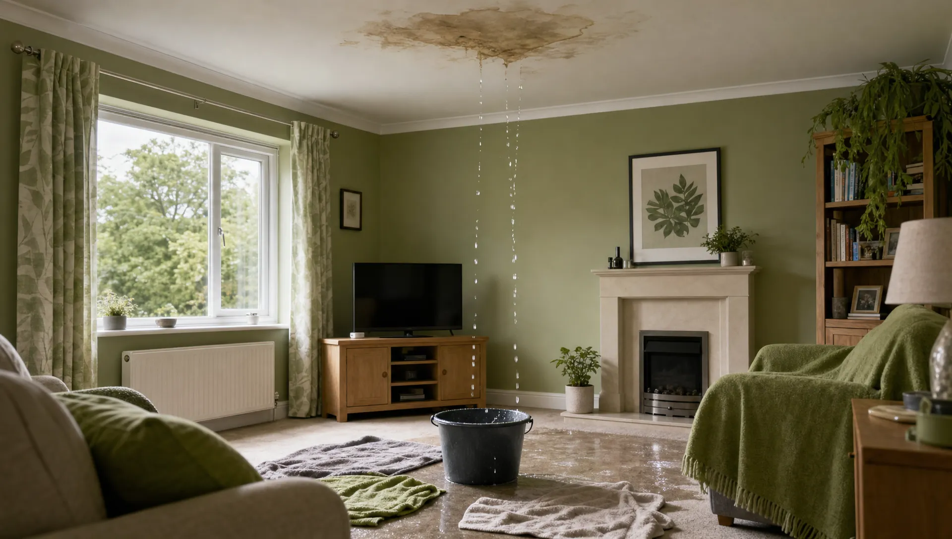 A UK living room has a damp ceiling stain with water dripping into a bucket while towels and furniture sit moved back from the leak.