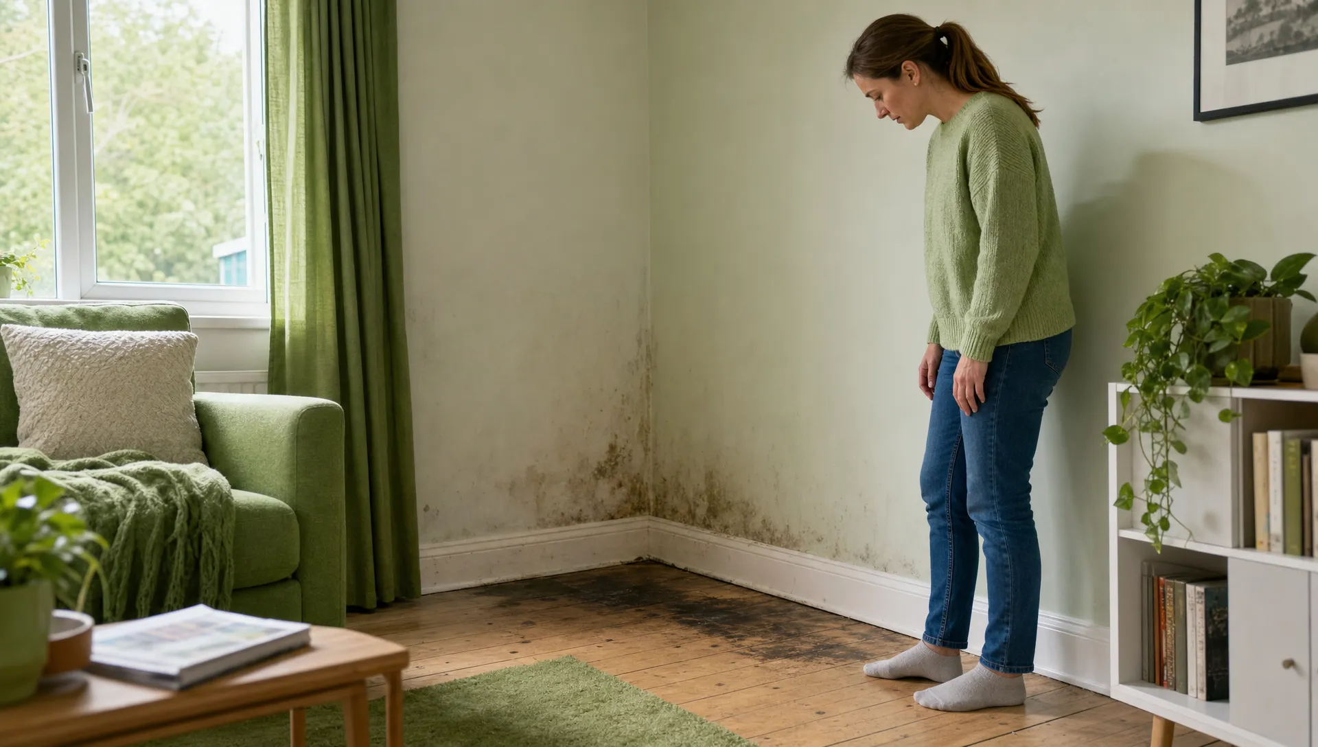 A UK living room shows stained floorboards near the skirting board while a homeowner stands nearby checking the musty patch.