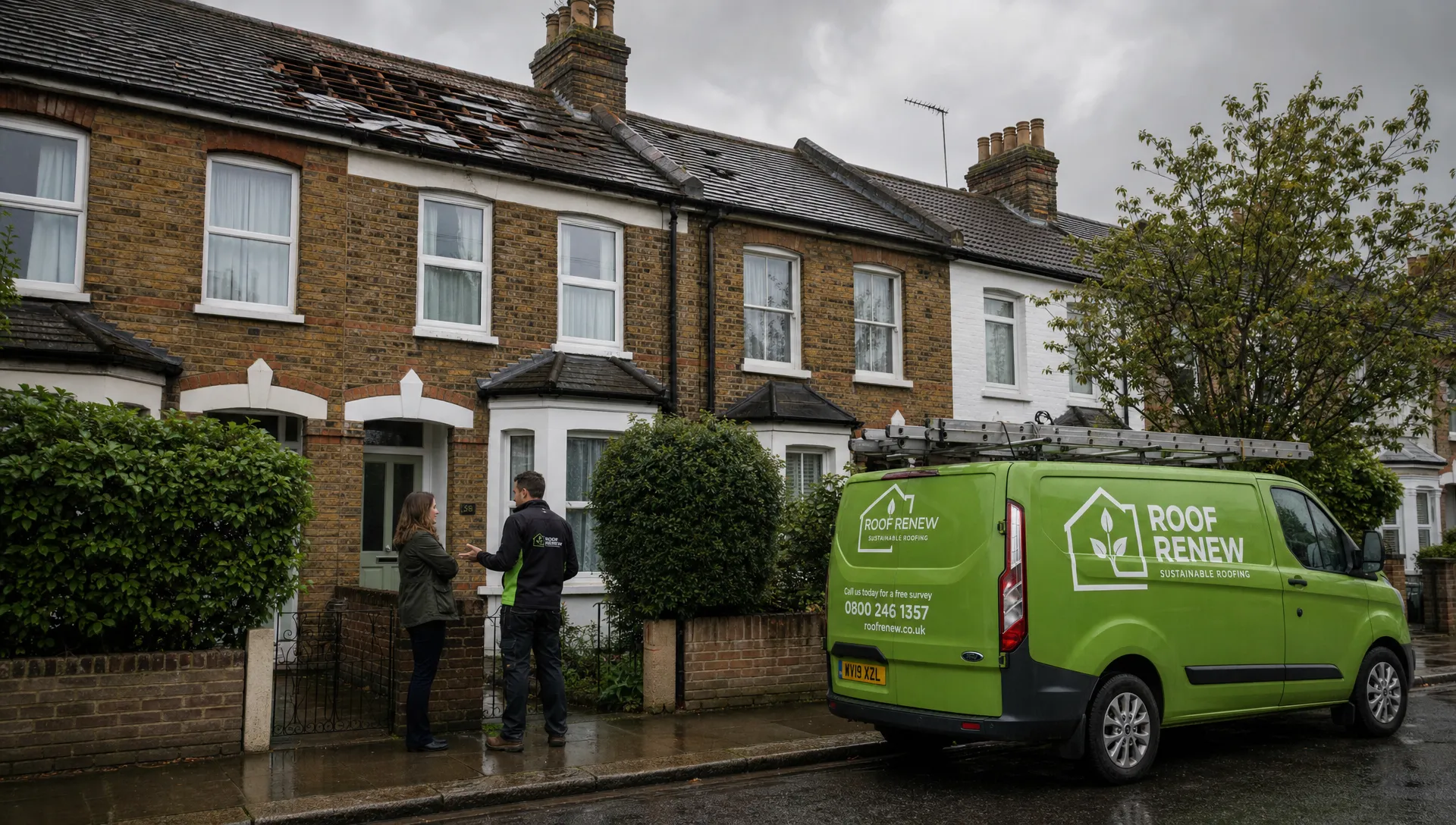 A UK terraced house after a storm with missing roof tiles visible from the street, damp paving and a tradesperson speaking with the homeowner at ground level.