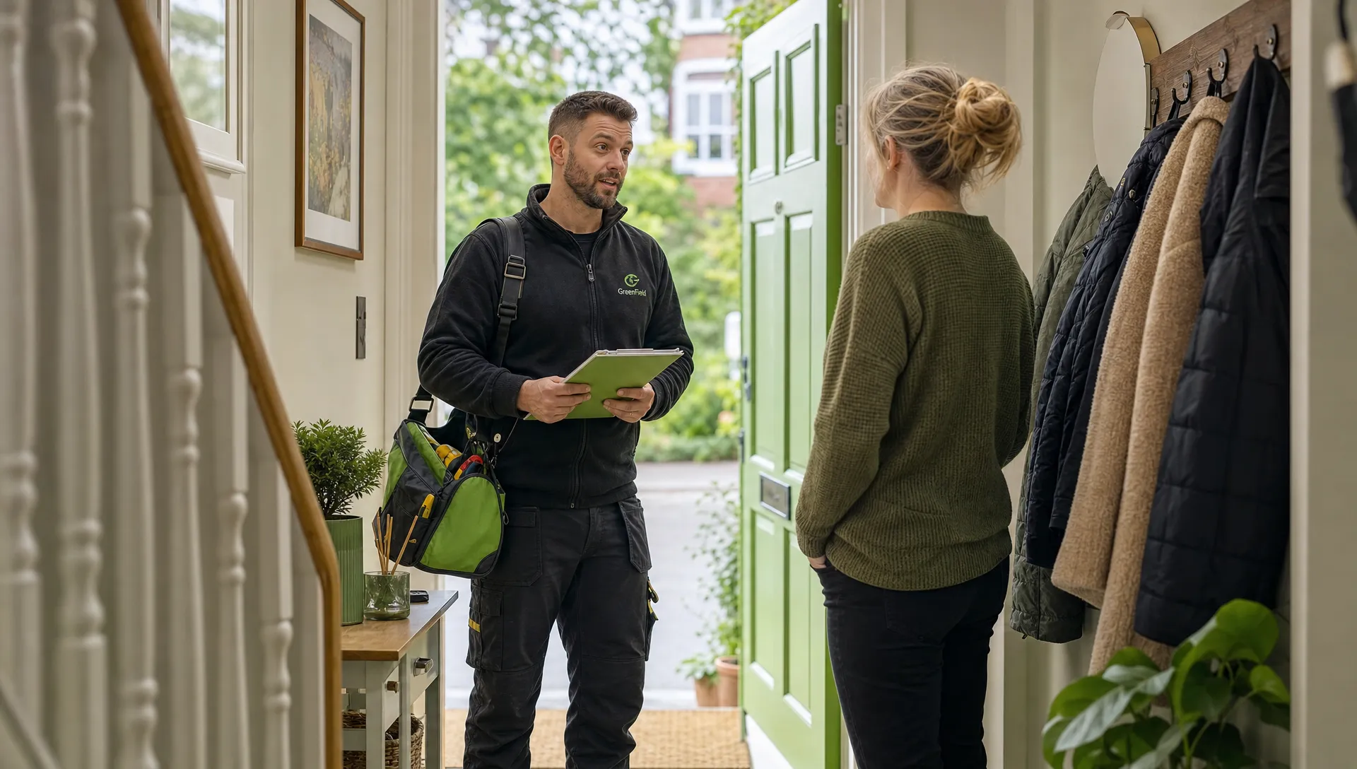 A UK tradesperson with a tool bag and clipboard stands in the hallway of an ordinary British home, talking with a homeowner near the front door. The scene is natural and realistic, with coats on hooks, everyday clutter, and daylight coming from the open doorway.