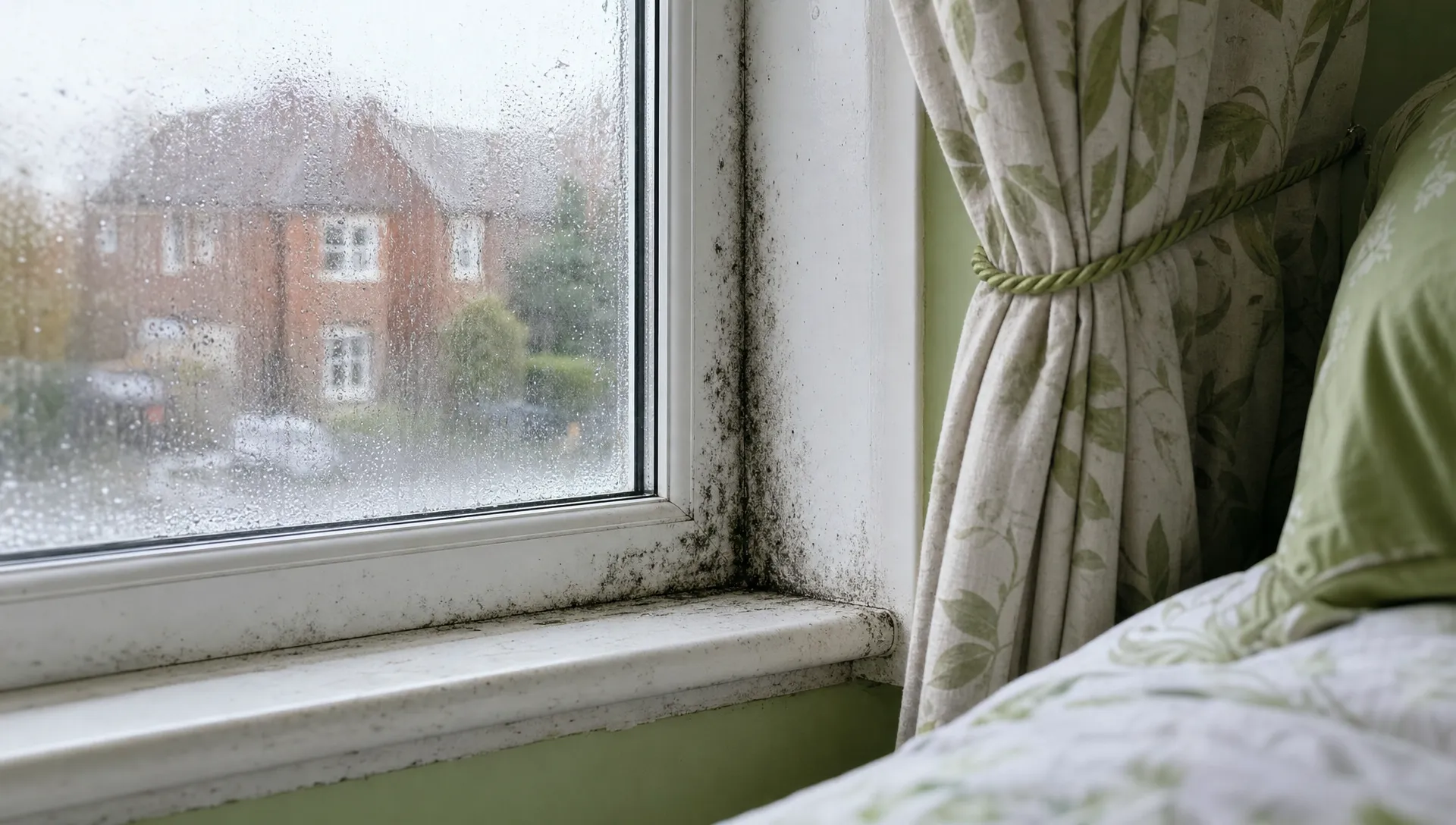 Black mould around a white window frame in a lived-in British bedroom, with condensation on the glass and a curtain pulled aside.