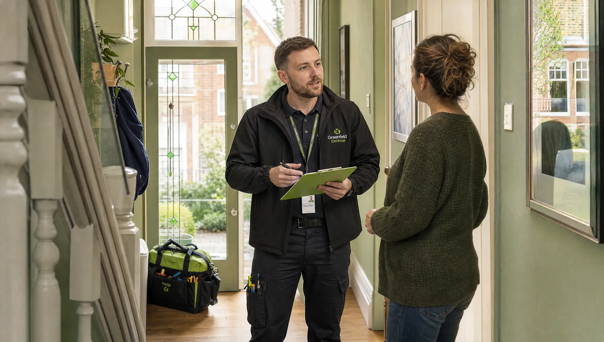 A UK electrician standing in the hallway of an ordinary London home, speaking with a homeowner while holding a clipboard, with a tool bag near the front door and natural daylight from one side.