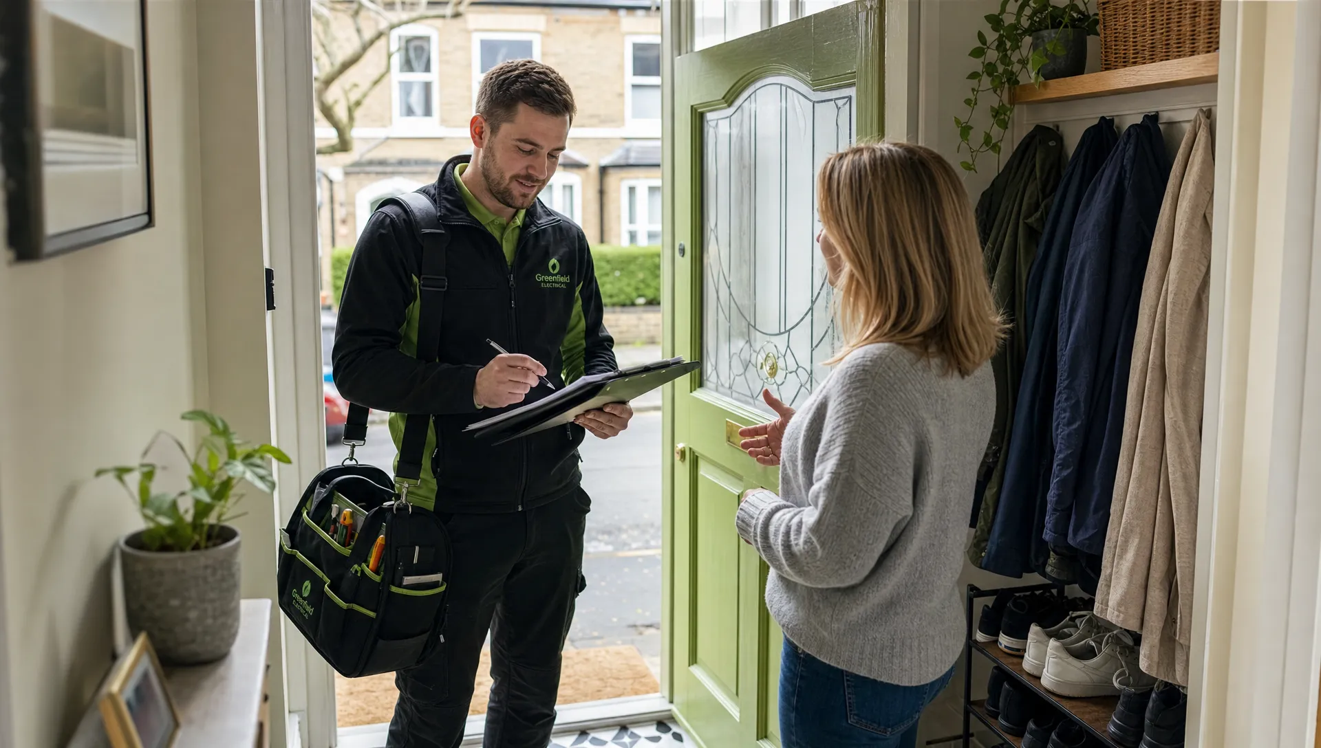 A UK electrician with a tool bag stands by the open front door of an ordinary terraced house, talking to a homeowner while checking notes on a clipboard. The hallway has coats, shoes and natural daylight from the entrance, with no close-up view of wiring or technical equipment.
