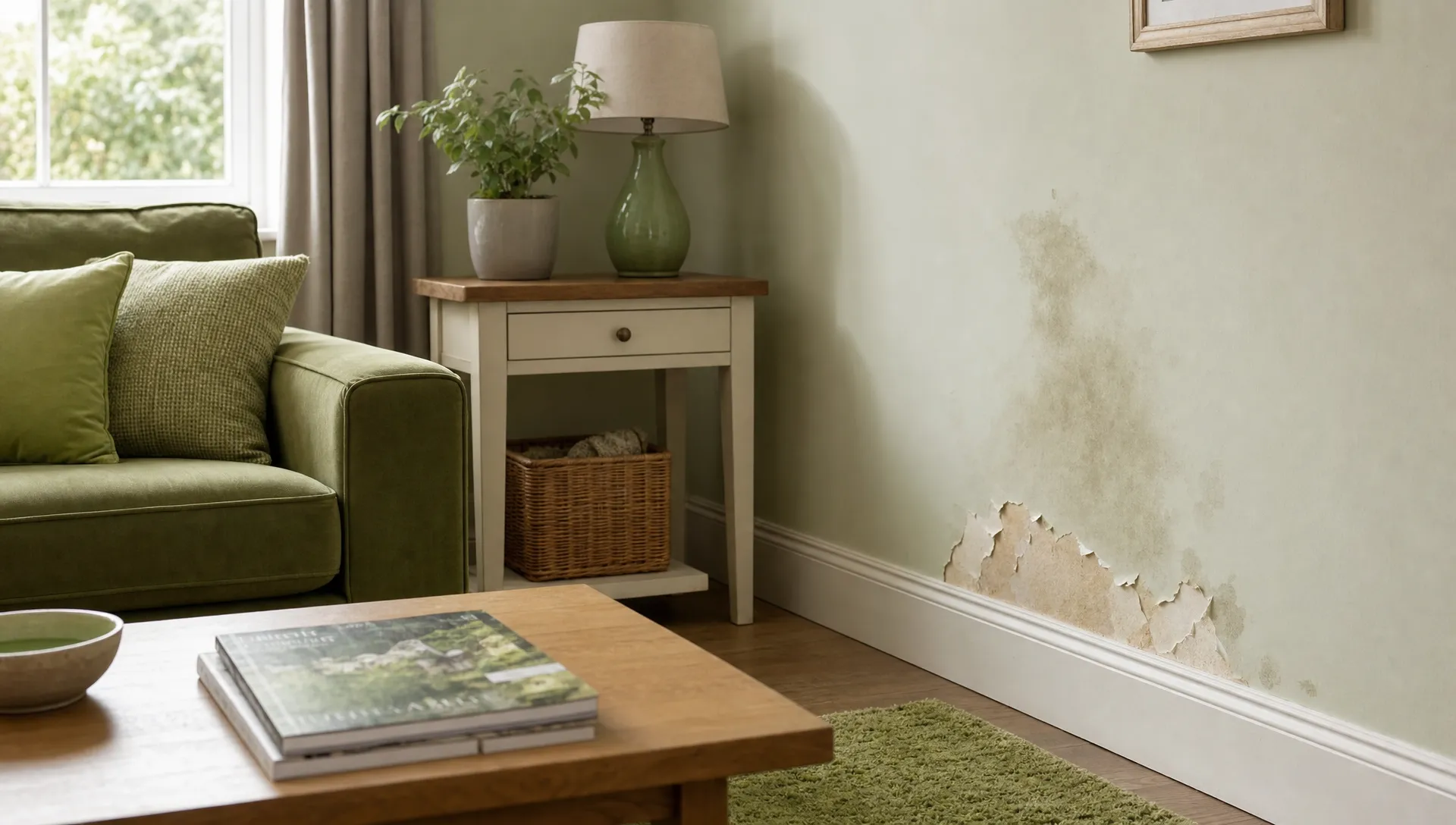 A British living room with wallpaper peeling away near the skirting board and a small damp stain on the wall.