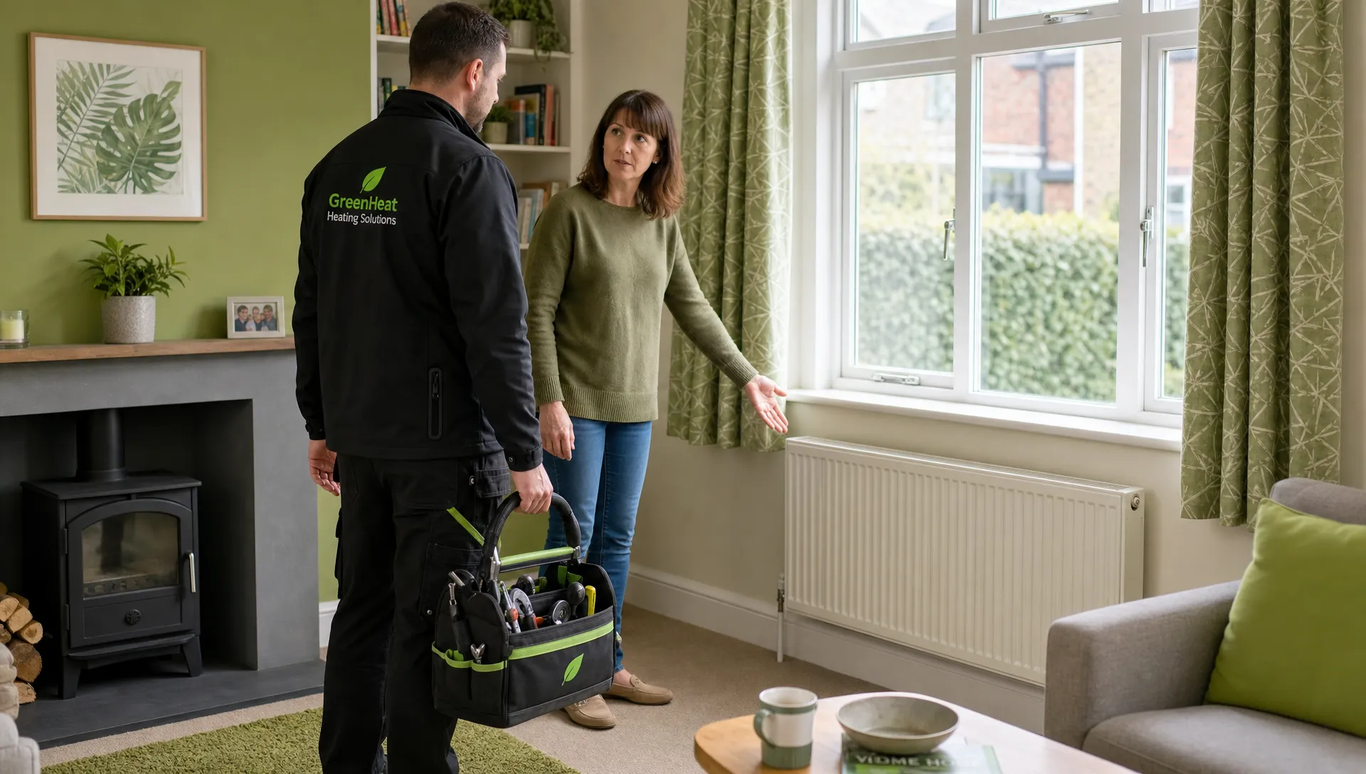 A heating engineer with a tool bag stands in a British living room while a homeowner gestures toward a radiator under the window.