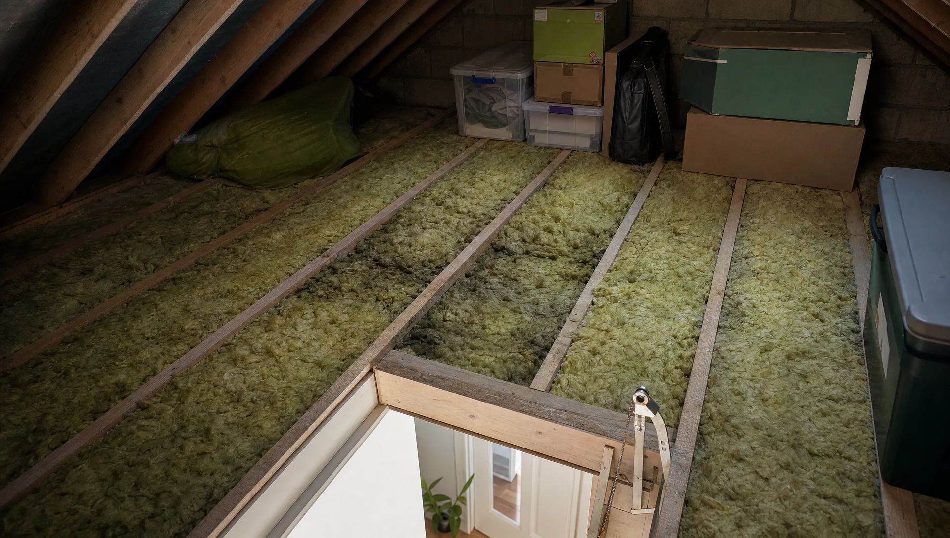 A realistic UK loft viewed from the hatch, with mineral wool insulation between timber joists. Some insulation is darker and flattened in patches, with natural daylight from the hatch and ordinary household storage boxes nearby.
