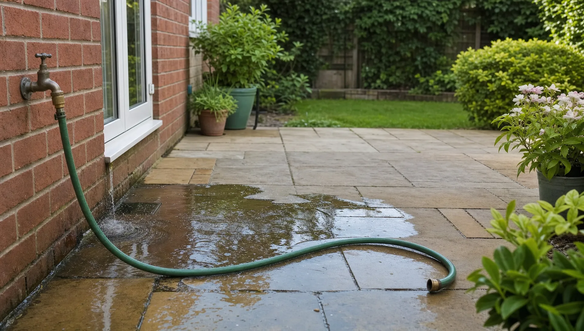 A small British back garden patio beside a red brick house shows water spreading near an outdoor tap and a hose lying nearby.