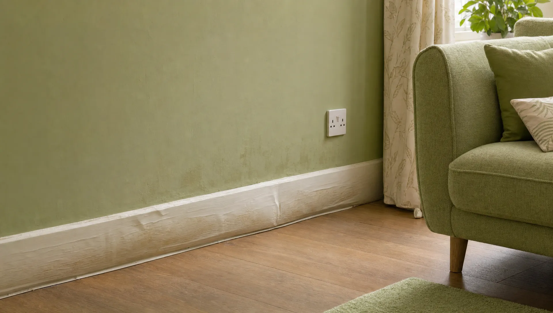 A UK living room corner shows a swollen skirting board with faint damp staining near the floor and furniture pulled back from the wall.