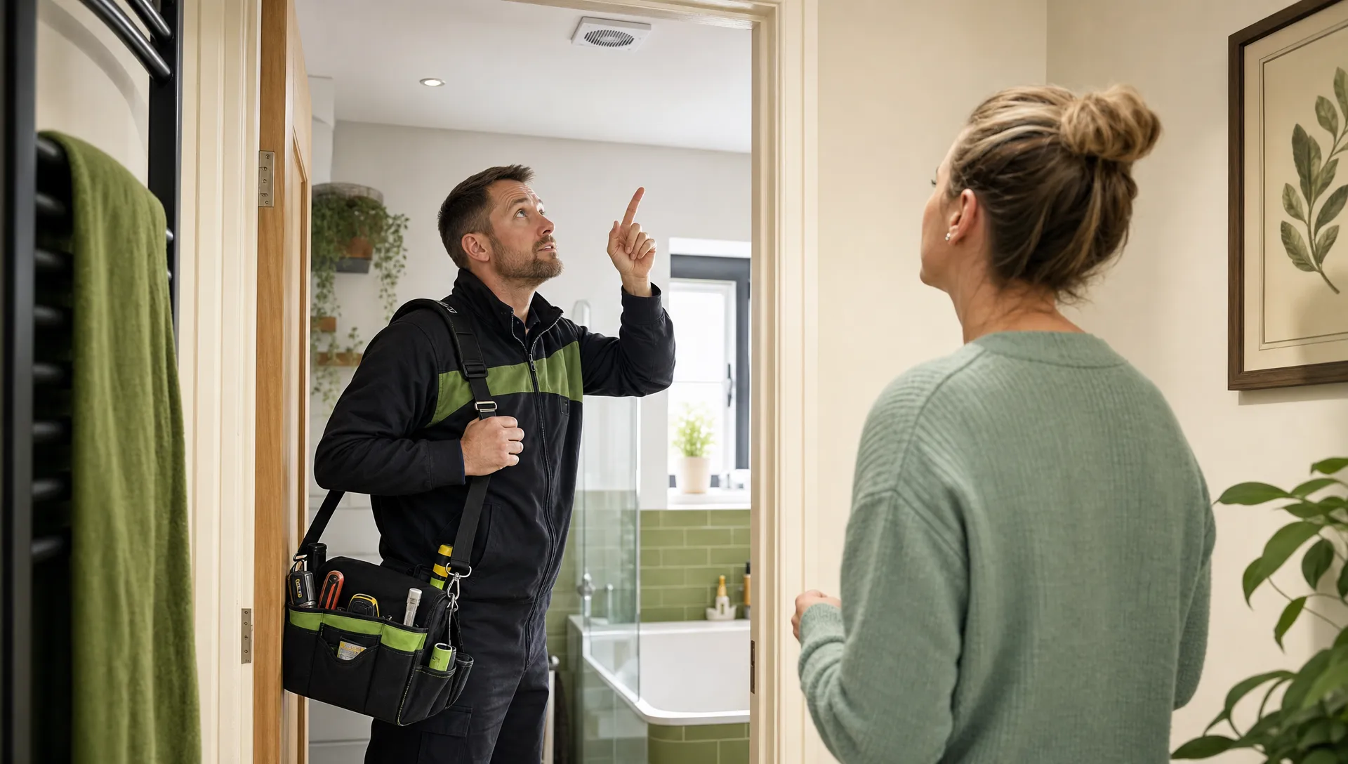 A UK tradesperson with a tool bag speaks to a homeowner in a bathroom doorway while both look up at the ceiling fan area.