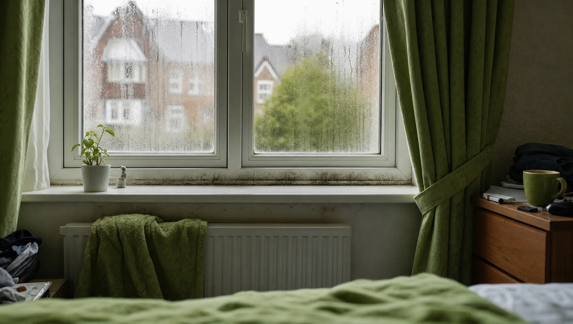 Condensation on a British bedroom window with a damp sill, partly drawn curtains and ordinary clutter nearby.
